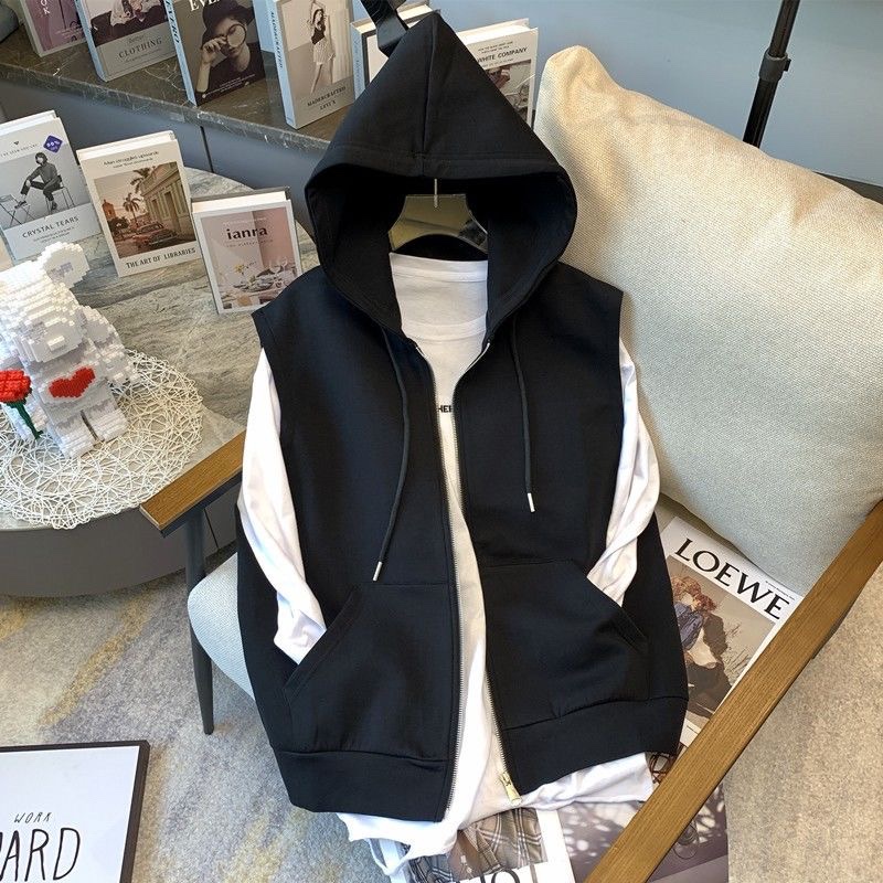 Textured Cardigan Vest Jacket Men's Sweatshirt Top Vest Hooded Casual Sports Trendy Brand New Vest Spring and Autumn