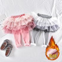 Girls leggings autumn and winter clothing plus velvet thickening childrens fake two-piece skirt pants female baby baby pants outside wear foreign style