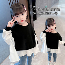 Girls Splice Shirt Children Korean Long Sleeve T-Shirt 2021 Autumn Dress Fashionable Female Baby Wear Top