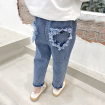 Girls jeans spring clothes 2021 new Korean version of the foreign style childrens spring and autumn trousers baby childrens pants outer wear