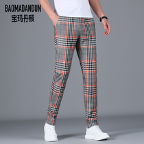 (Baoma Danton Mens Pants) Spring and Summer Mens Printed High-Plaid Casual Pants Elastic Waist British Mens Pants