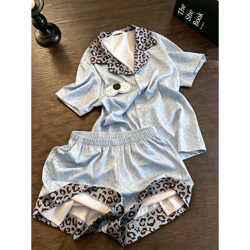 Korean-Style Leopard Print Cool Cat Ice Silk Pajamas for Women 2026 New Summer Short-Sleeved Shorts Loungewear Suitable for Spring and Autumn, Can Be Worn Outside
