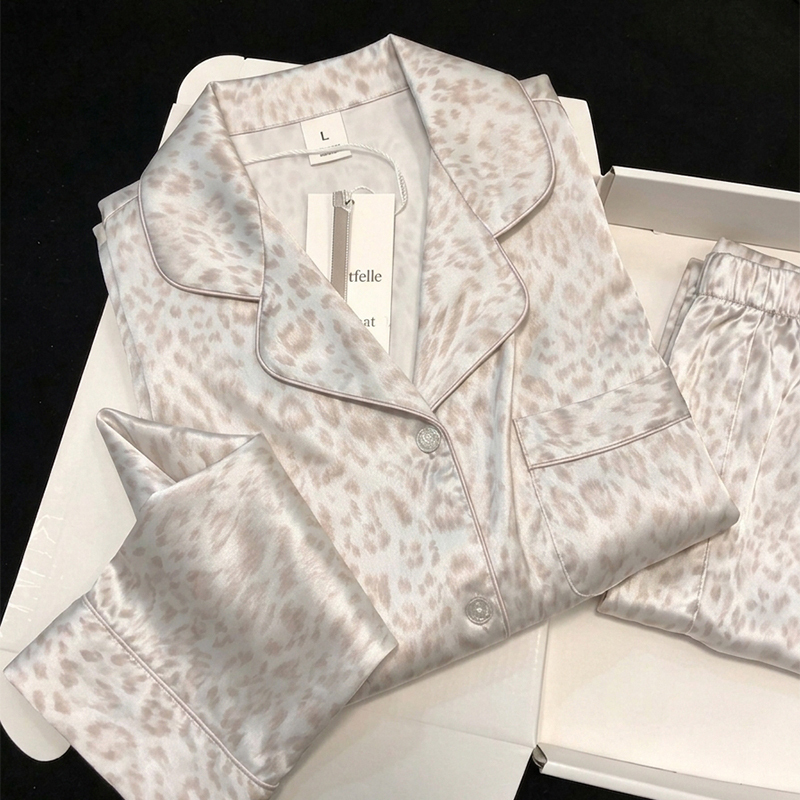 High-End Korean-Style Leopard Print Ice Silk Pajamas for Women 2026 New Spring and Autumn Long-Sleeved Lazy Loungewear Summer Set