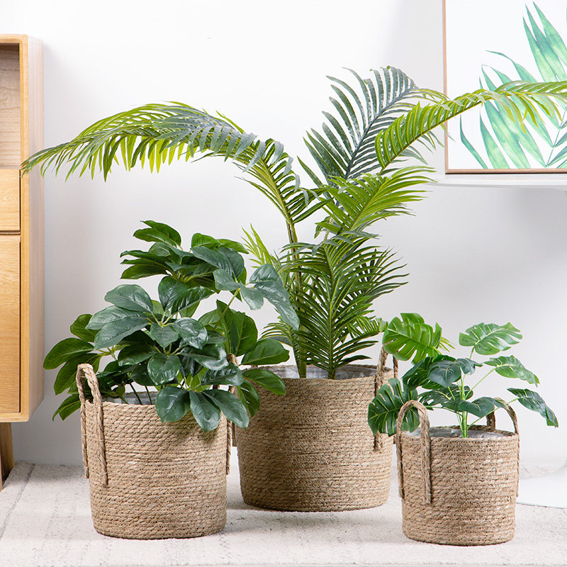 Nordic seaweed woven flower basket home living room piano leaf flowerpot decoration flower basket rattan hand-held straw flowerpot home