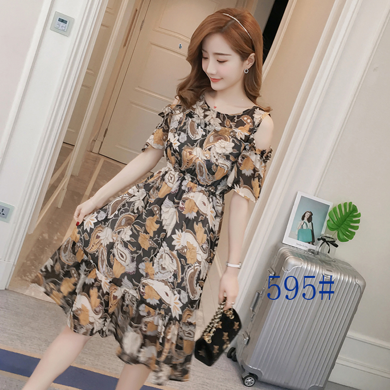 Thời trang ra cho con bú ăn mặc mùa hè nóng mẹ off-the-vai voan váy dài là mỏng sau sinh ăn váy 	váy hạ eo xếp ly	