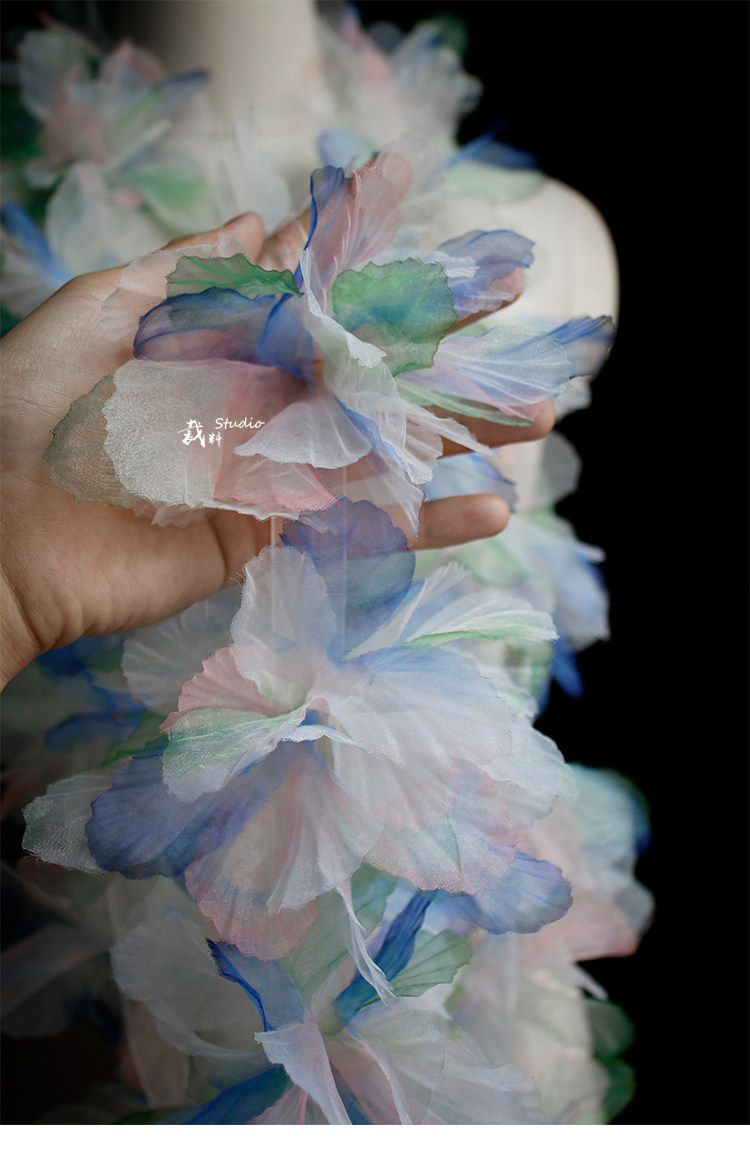 Кайма 冰花 幻彩蓝绿色立体大花朵童装头饰装饰手工diy胸花服装辅料花边