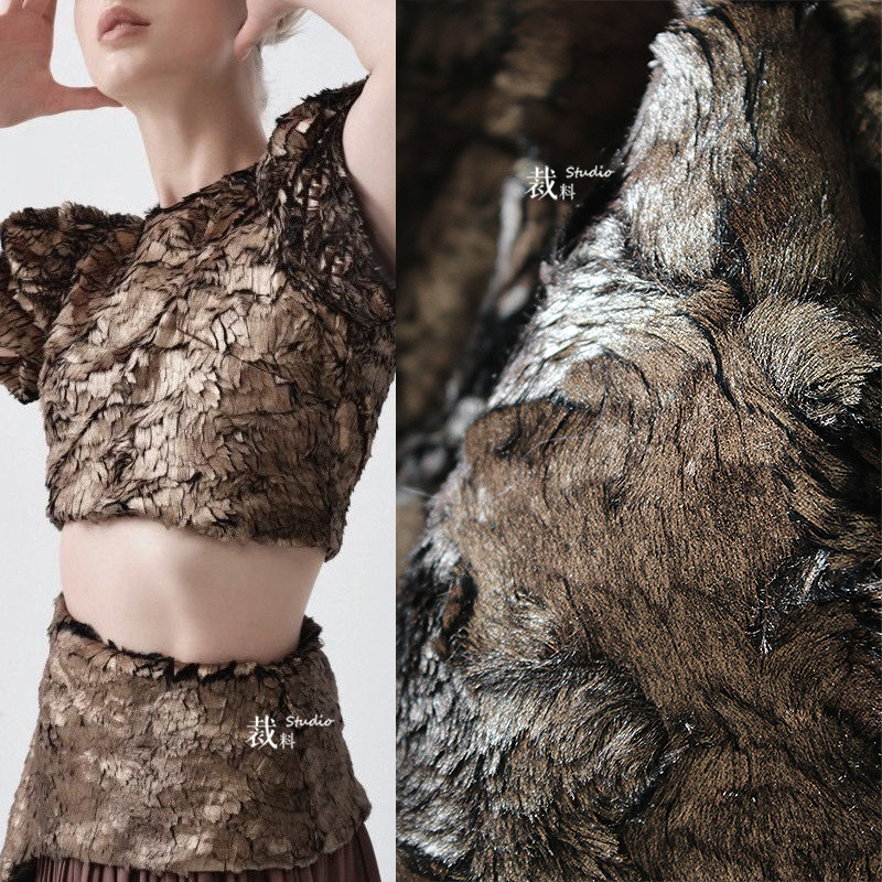 Hot gold Brown creative fur crack metallic woolen fabric jacket Costume designer plush fabric