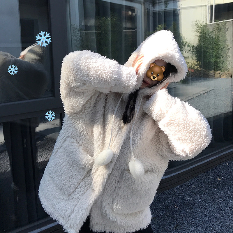 Wang Shaoshe's shop lamb fur coat 2021 new autumn winter white even cap loose Korean version casual blouse