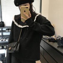 Wang Maidens shop black doll collar sweater autumn and winter retro Japanese lazy gentle wind loose knit jacket