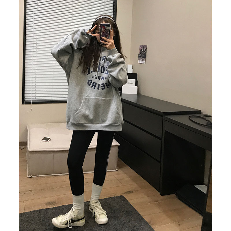 Wang girl's shop hooded sweatshirt 2022 new spring and autumn gray plus velvet loose Korean version bf all-match coat
