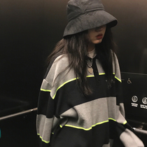 Wang maiden shop 2021 new vintage polo collar striped sweater loose wear Net red lazy sweater