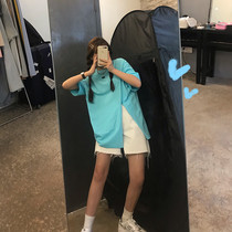 Wang Maidens shop hem knotted T-shirt 2021 spring and summer new Korean version of loose short sleeve side open fork top