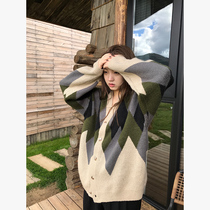 Wang Maidens Shop Lingge Sweater Jacket Autumn and Winter Green Korean Loose Lazy Wind Thickened Knitted Cardigan