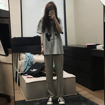 Wang maiden shop black and white lattice pants 2021 new summer days hanging high waist loose straight wide legs thin pants