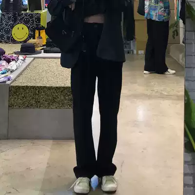 Wang Girl's shop straight suit pants spring and autumn casual loose high-waisted black thin drape wide-leg pants
