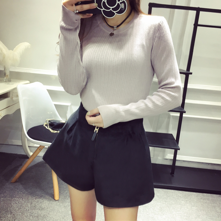 Mùa thu đông 2018 của phụ nữ phiên bản Hàn Quốc mới của khóa kéo mỏng len dày eo cao quần short chân rộng để mặc bên ngoài quần bốt quần ngắn nữ