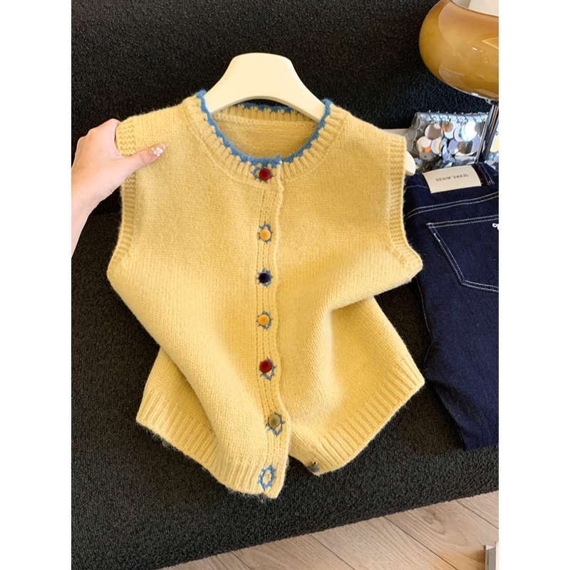 Japanese Gp Dopamine Color-Blocking Button Knit Vest Autumn and Winter Sweet Youthful Cardigan Sleeveless Outerwear Top
