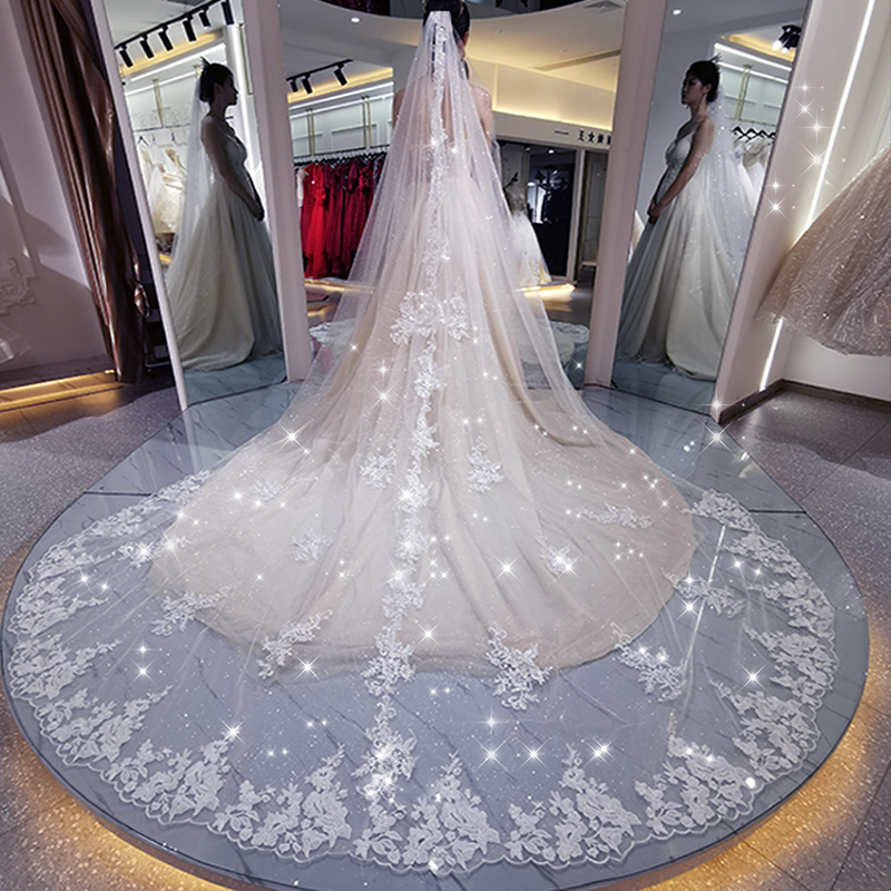 Starry sky veil bride main wedding dress white long champagne trailing veil headdress super fairy forest wedding retro