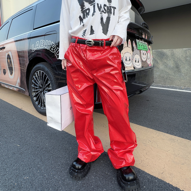 Bar and Nightclub Bright-Colored Straight Pu Leather Pants for Men and Women, Light Luxury Stage Performance Clothing, Cool and Casual Long Pants