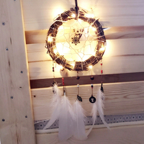 Hand-made retro rattan circle dream catcher night light diy material bag dream catcher lamp hanging decoration luminous wind chimes
