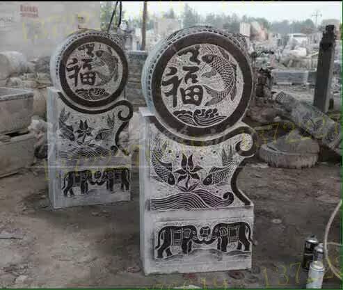 Stone carving gate pier Stone drum blessing word fish holding drum stone pier Blue stone pixiu Antique blue stone blessing word gate pier holding drum stone gate pier