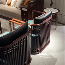 New Chinese style ebony wood leather sofa and chair combination home Zen modern living room furniture large villa whole house customization