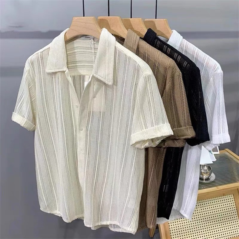 Textured Design, Pleated Texture, Men's Short-Sleeved Shirt, Loose, No-Iron, Drapey, Spring and Summer Sun Protection, White, Light Luxury, High-End Textured Design, Pleated Texture, Men's Short-Sleeved Shirt, Loose, No-Iron, Drapey, Spring and Summer Sun Protection, White, Light Luxury, High-End