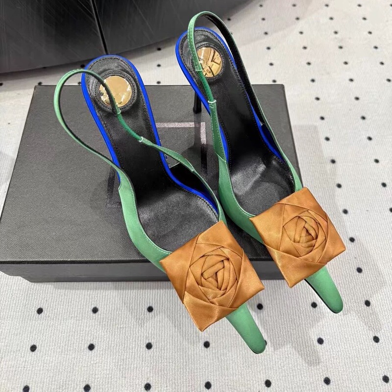 Beautiful Toe-Cap Women's Shoes with Satin Rose Flower Pointed Toe High-Heeled Sandals, Summer French Style New Color-Blocking Ultra-High Heel Shoes Beautiful Toe-Cap Women's Shoes with Satin Rose Flower Pointed Toe High-Heeled Sandals, Summer French Style New Color-Blocking Ultra-High Heel Shoes