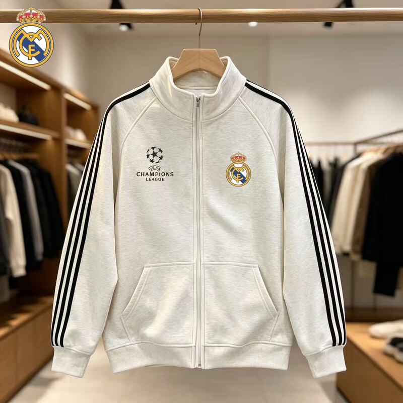 Autumn and Winter New Heavyweight Sports Casual Cardigan Sweatshirt for Men, Real Madrid Champions League Football Training Jacket with Stand Collar, Trendy