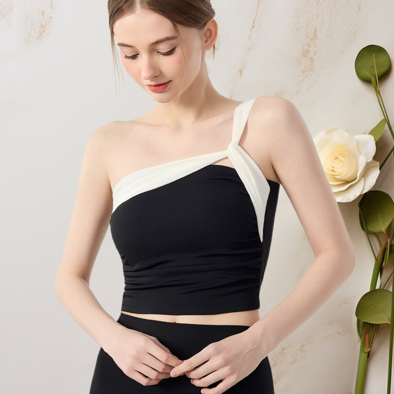 Slanted Shoulder Yoga Vest for Women with Chest Pads, Shock-Proof Sports Bra, Beautiful Back, Outer Wear, Pilates Training, Yoga Fitness Clothing