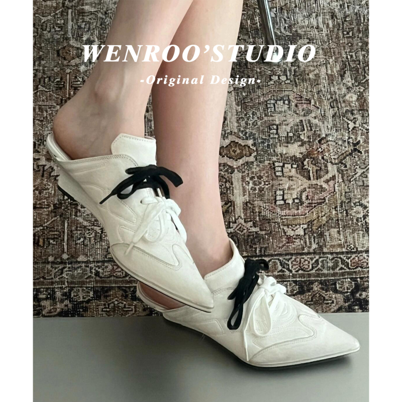 Sports-Inspired Pointed-Toe Lace-Up Wedge Heel Mules for Women, 2026 New White Casual Pointed-Toe High Heels