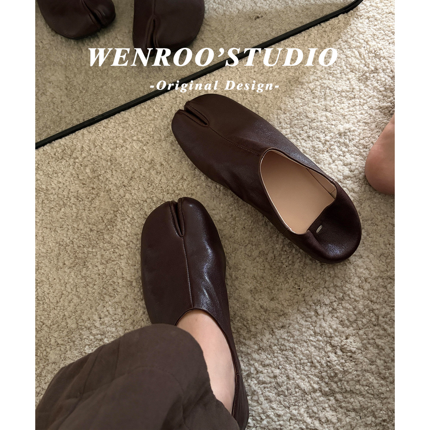Retro brown one-foot flat split-toe shoes for women 2026 Spring new French high-end loafer deep opening single shoes