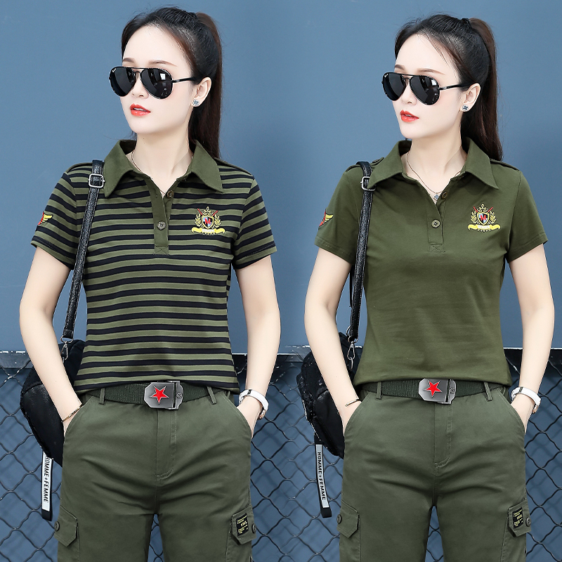 Summer Camouflage Short-Sleeve Women's Slim-Fit New Style Turn-Down Collar T-Shirt Sailor Dance Outfit Loose Army Green Top Half-Sleeve