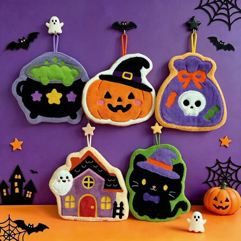 Magical Halloween Cute Dopamine Embroidered Hand Towel, Kitchen Hanging Type, Lint-Free Coral Fleece, Super Absorbent