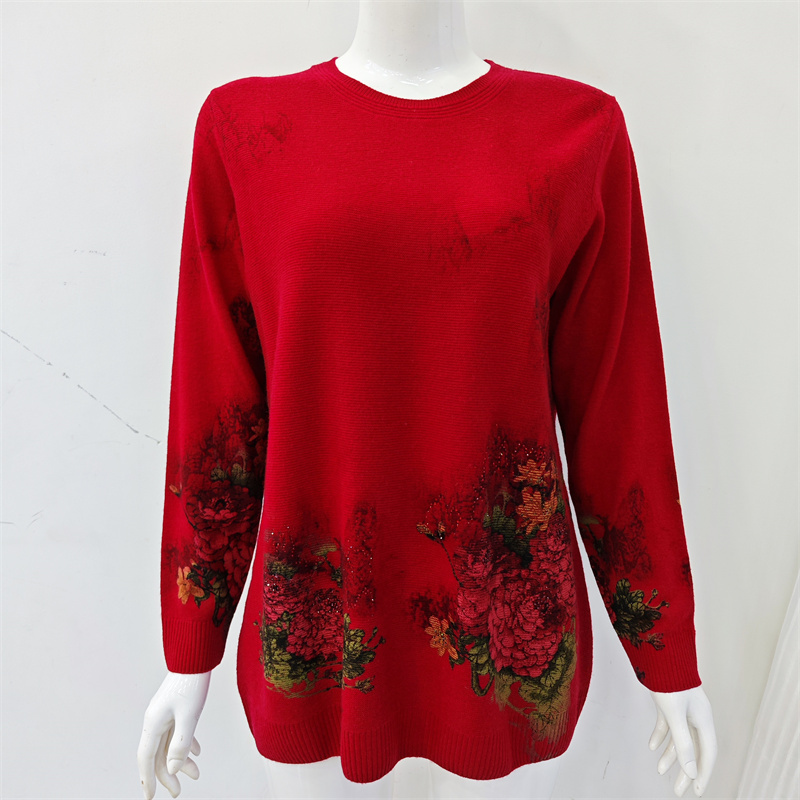 Junyiren Mid-Length Round-Neck Autumn and Winter Women's 100% Wool Sweater Pullover for Middle-Aged and Elderly 367