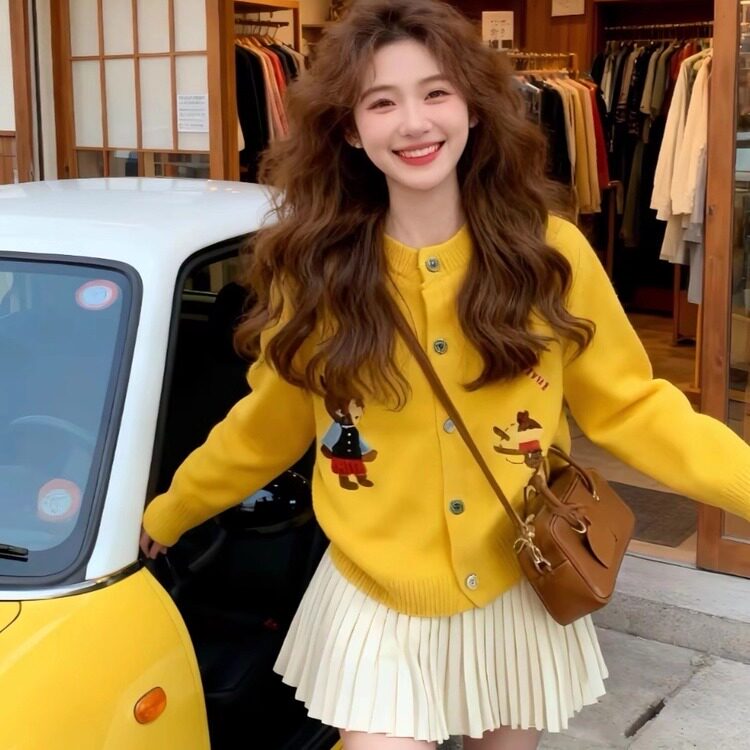 2026 New Sweater for Women, Knitted Cardigan, Yellow Korean Style Cartoon Fashion Jacket, Casual Top, Popular in Spring and Autumn