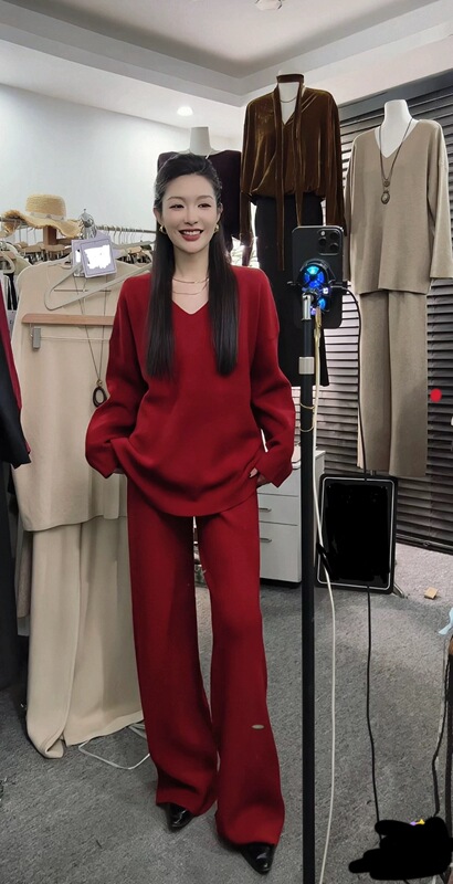 Nan's 2026 Winter Waffle Knit Thick Woolen Suit V-Neck Long-Sleeve Knit Top + High-Waisted Wide-Leg Pants Two-Piece Set