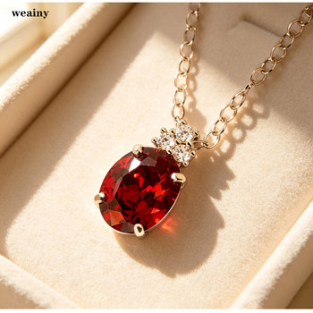 Natural garnet necklace pigeon blood red pendant with o-shaped chain sterling silver gold-plated ring set simple ring for women