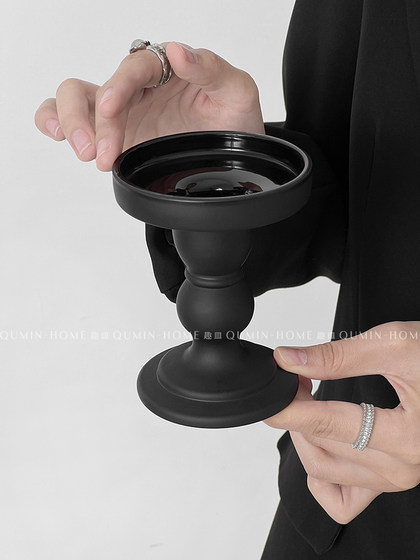 趣皿 复古曜黑罗马柱蜡烛烛台玻璃摆件家用高级感香薰底座轻奢感