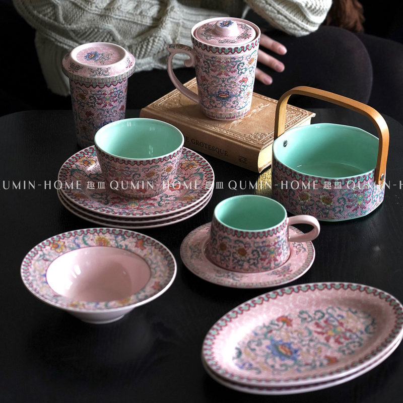 Qu Dish Retro Chinese-Style Ceramic Tableware Complete Set, Light Luxury Household Bowls, Plates, Baskets, Mugs, and Cups