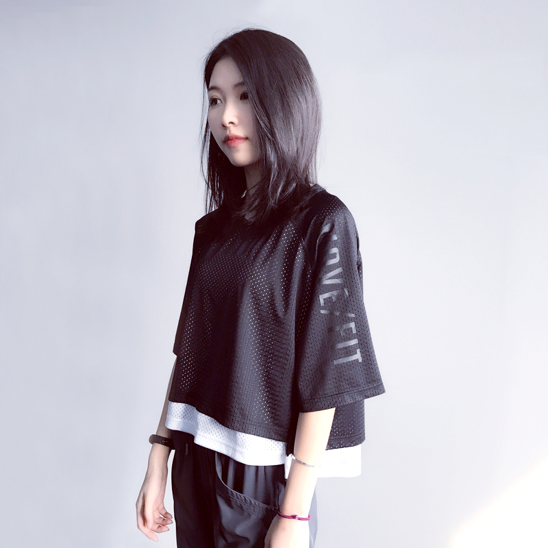 Double-layer mesh fitness clothing T-shirt women's loose slim quick-drying top fake two-piece running sports yoga clothing half-sleeved