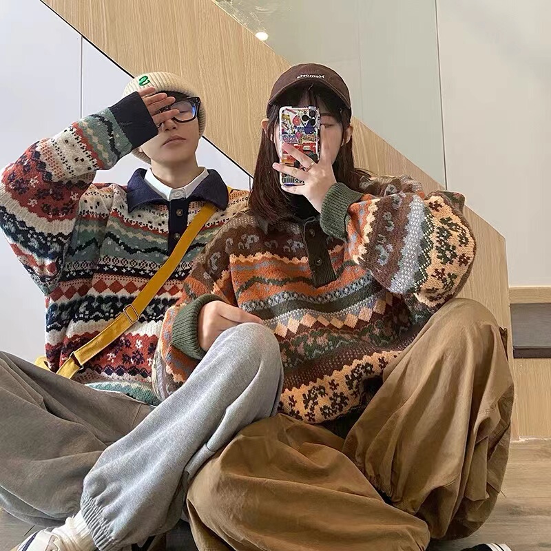 Autumn and Winter Ethnic Style Lapel Sweaters for Men and Women, Loose Japanese Style Student Base Layer Couple Outfits, Thick Knitted Cardigans