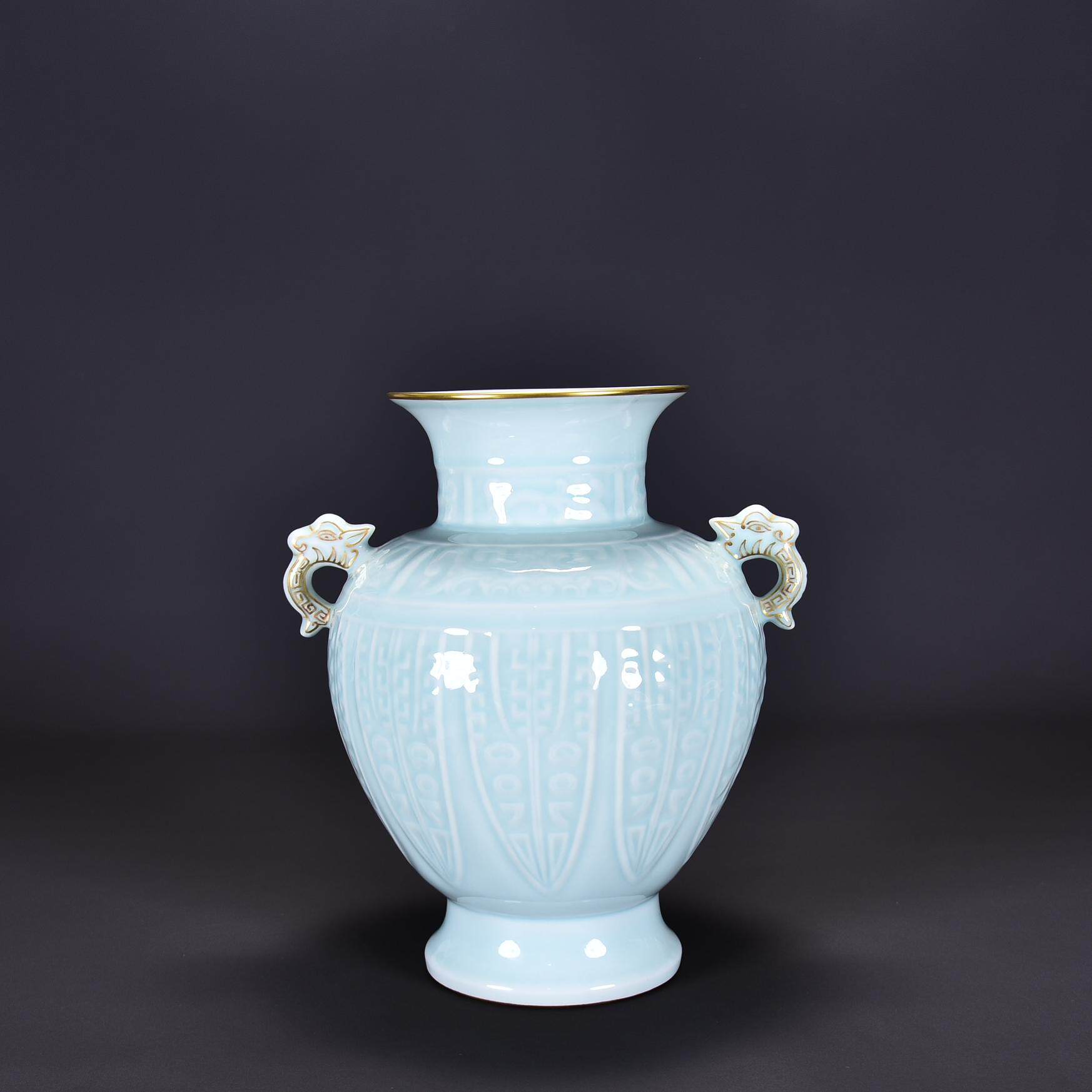 旧家蔵出 古玩 明清官窯鈞磁器双耳活提環瓶 復古