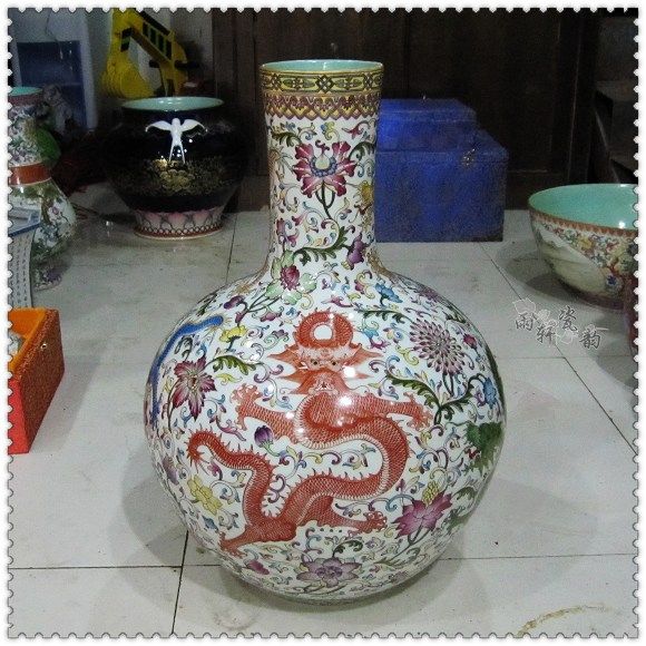 Highly recommended Jingdezhen Ceramics Antique Heavy Industry Pastel 5 Long Graphic Plane of Sky Bottle Big Vase