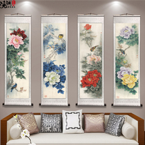  New Chinese style flowers birds plants and flowers Neoclassical porch decoration painting living room vertical hanging painting rice paper scroll quadruple painting