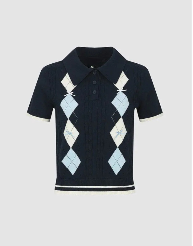 Shampur2026 Spring New Women's Urban Preppy Style Diamond Pattern Lapel Knitwear Uyu960036
