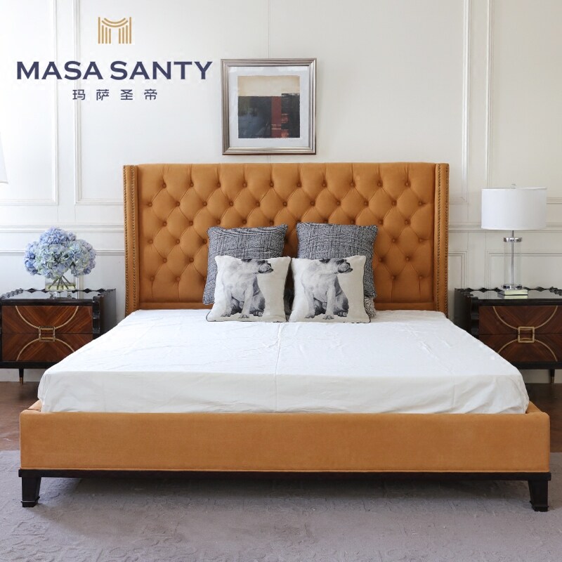 Simple modern orange double bed soft bag bedroom 1 5 8 m designer sample room small American button bedroom