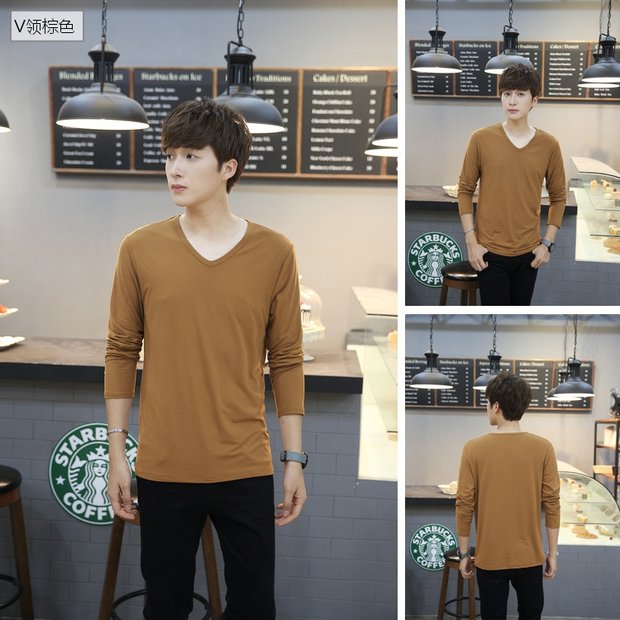 v cổ áo rắn màu mỏng chạm đáy áo sơ mi thanh niên béo cộng với nhung cộng với size cộng nhung dày mùa thu và áo thun nam dài tay áo thun nam form rộng