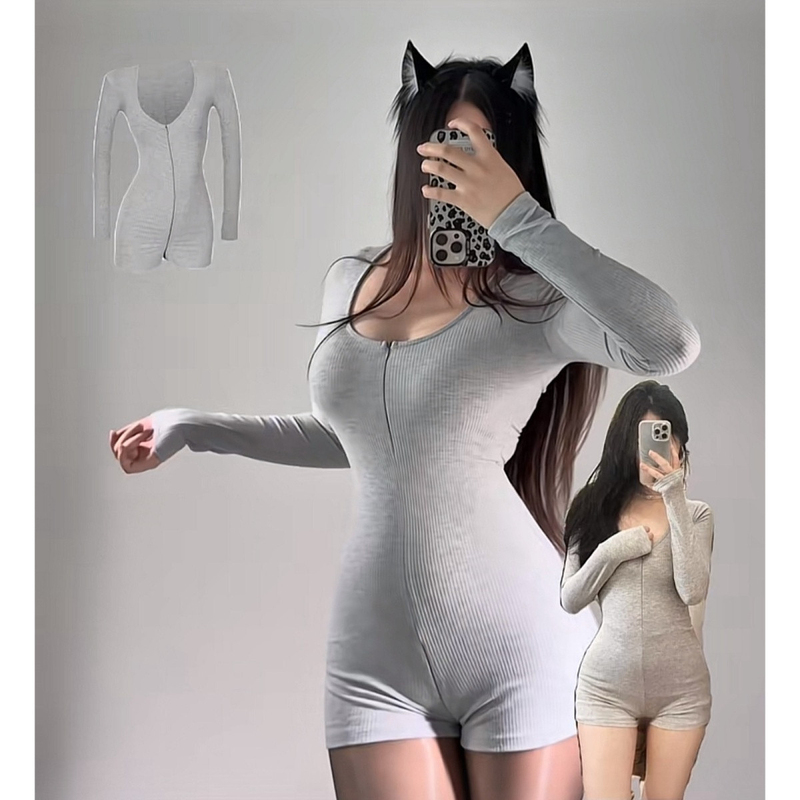Plus-Size Women's 1.0-150kg Autumn Zip-Up Long-Sleeve Jumpsuit, Slim-Fit Sexy Tight-Fitting Bodycon Shorts Yoga Outfit