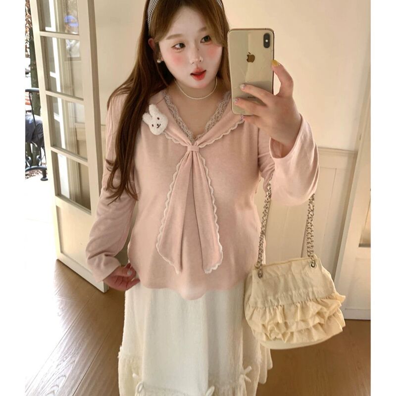 150kg Plus Size Korean Style Sweet V-Neck Lace Trim New Pink Long-Sleeve Top Women's Base Shirt T-Shirt 150kg Plus Size Korean Style Sweet V-Neck Lace Trim New Pink Long-Sleeve Top Women's Base Shirt T-Shirt
